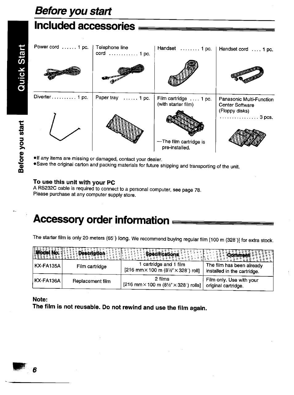 To use this unit with your pc, Note, Before you start included accessories | Accessory order information | Panasonic KX-F1110NZ User Manual | Page 4 / 110