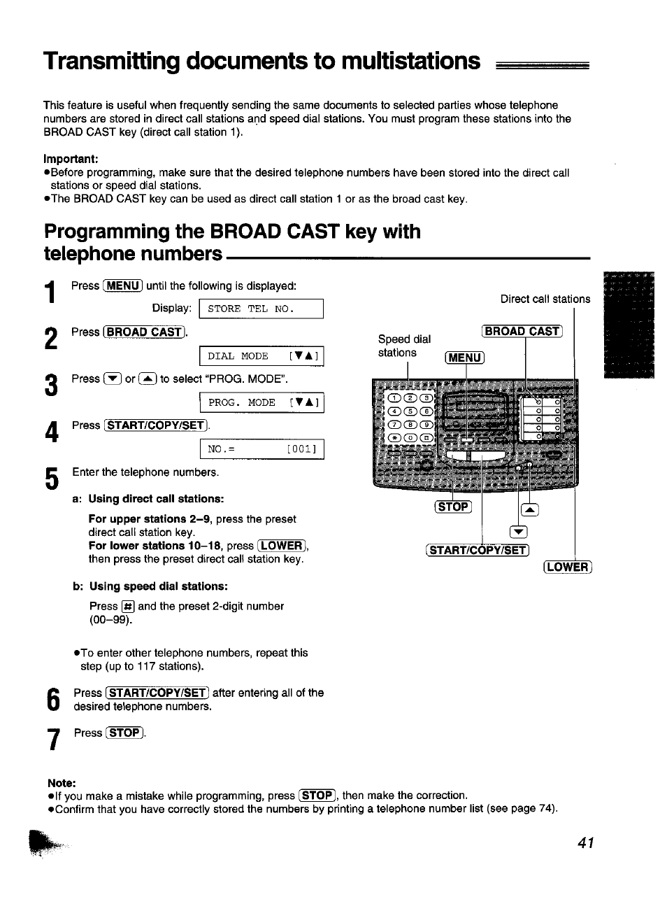 Programming the broad cast key with, Telephone numbers, Transmitting documents to multistations | Panasonic KX-F1110NZ User Manual | Page 41 / 110