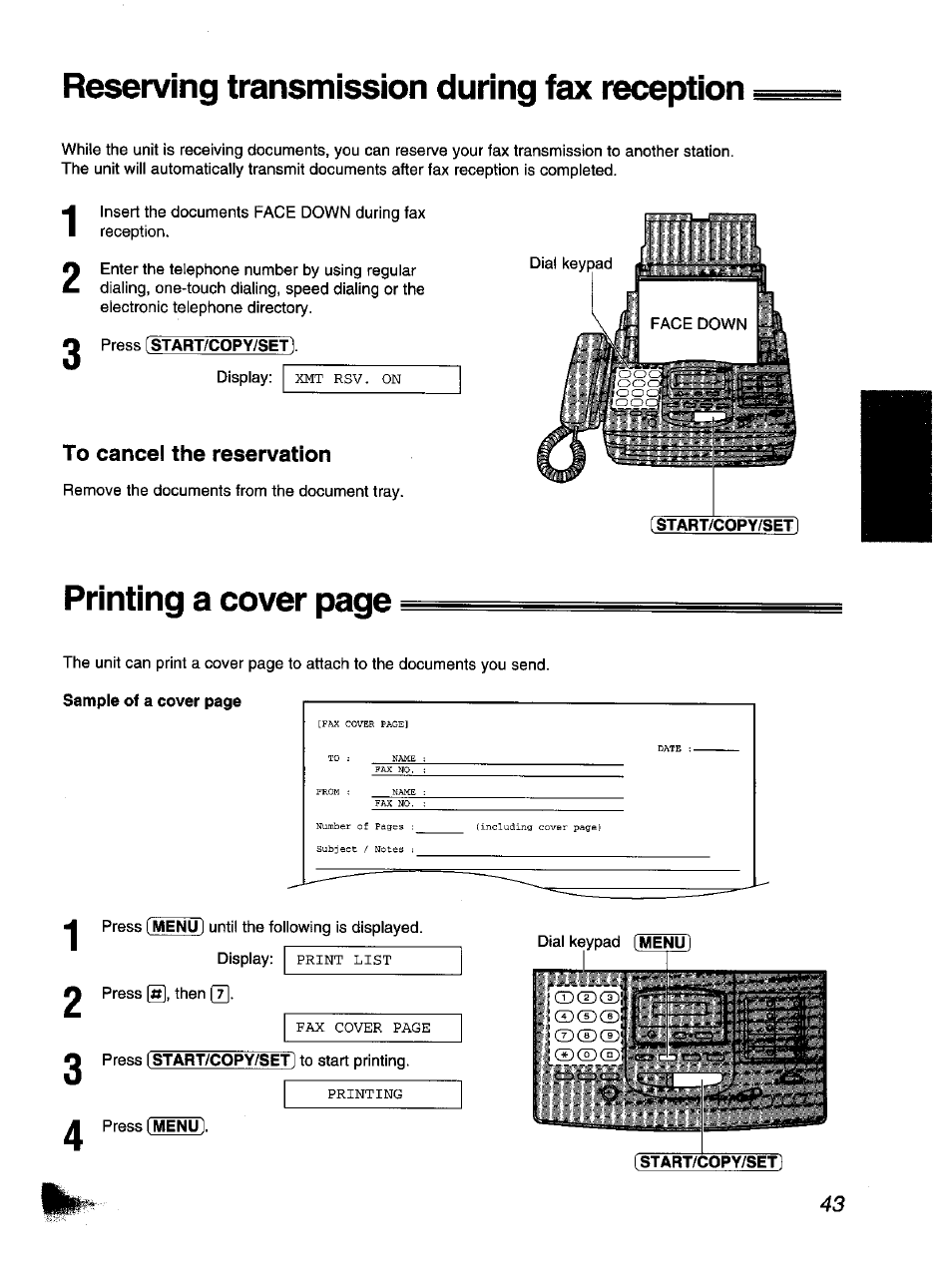 To cancel the reservation, Reserving transmission during fax reception, Printing a cover page | Panasonic KX-F1110NZ User Manual | Page 43 / 110