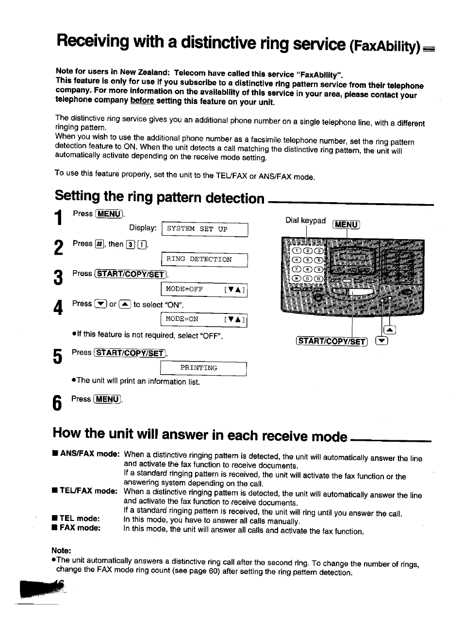 Setting the ring pattern detection, Press [menu, Press [start/copy/set | Press start/copy/set, How the unit wiii answer in each receive mode, Note, Setting the film detection, Receiving with a distinctive ring service, Faxabiiity) | Panasonic KX-F1110NZ User Manual | Page 44 / 110