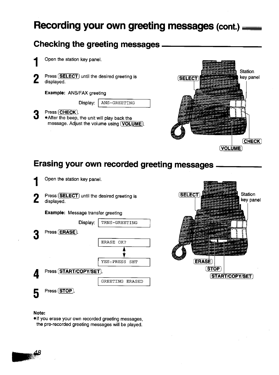 Checking the greeting messages, Erasing your own recorded greeting messages, Recording your own greeting messages | Com.) checking the greeting messages | Panasonic KX-F1110NZ User Manual | Page 46 / 110