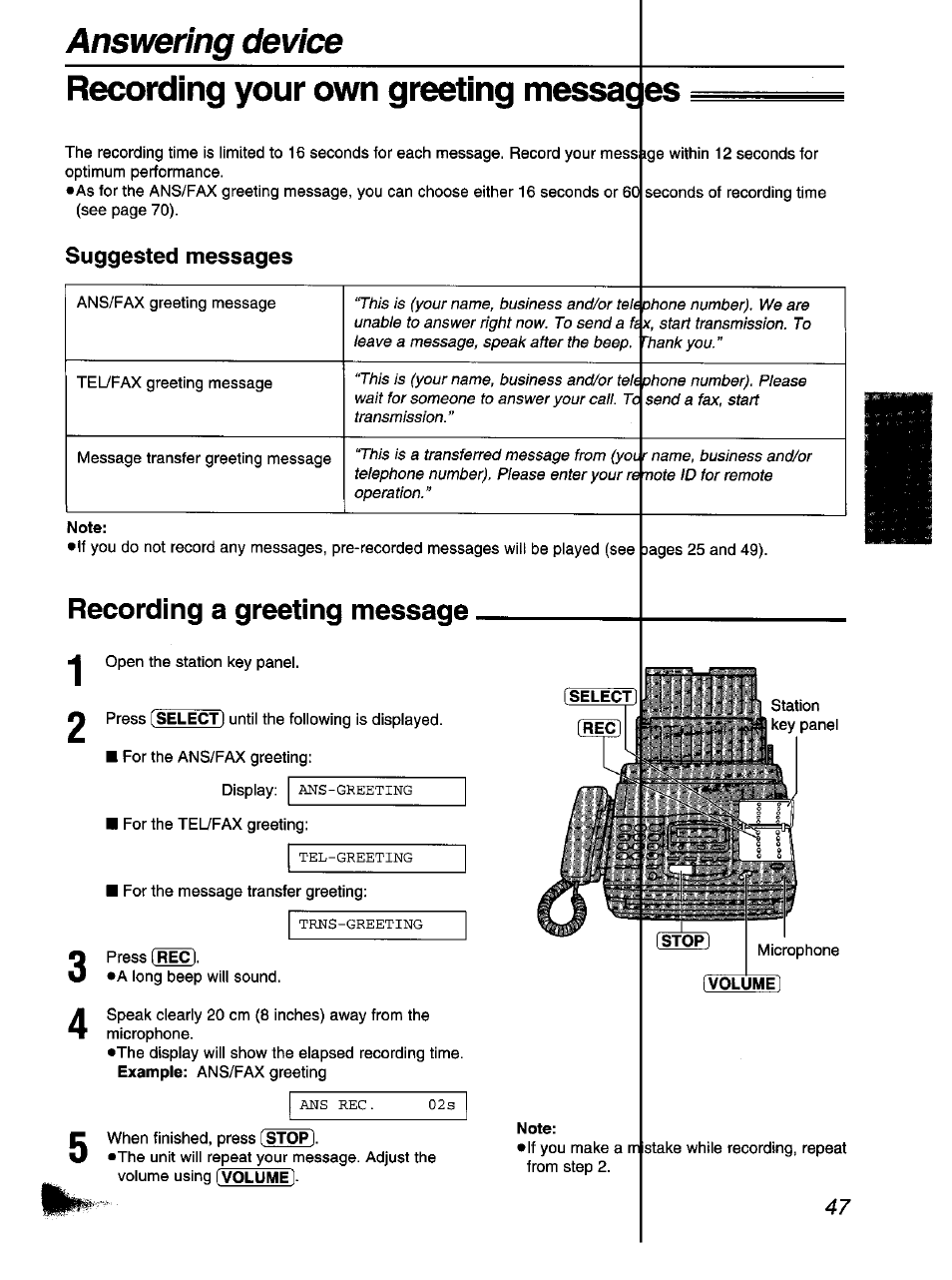 Suggested messages, Recording a greeting message, Recording your own greeting messages | Panasonic KX-F1110NZ User Manual | Page 47 / 110