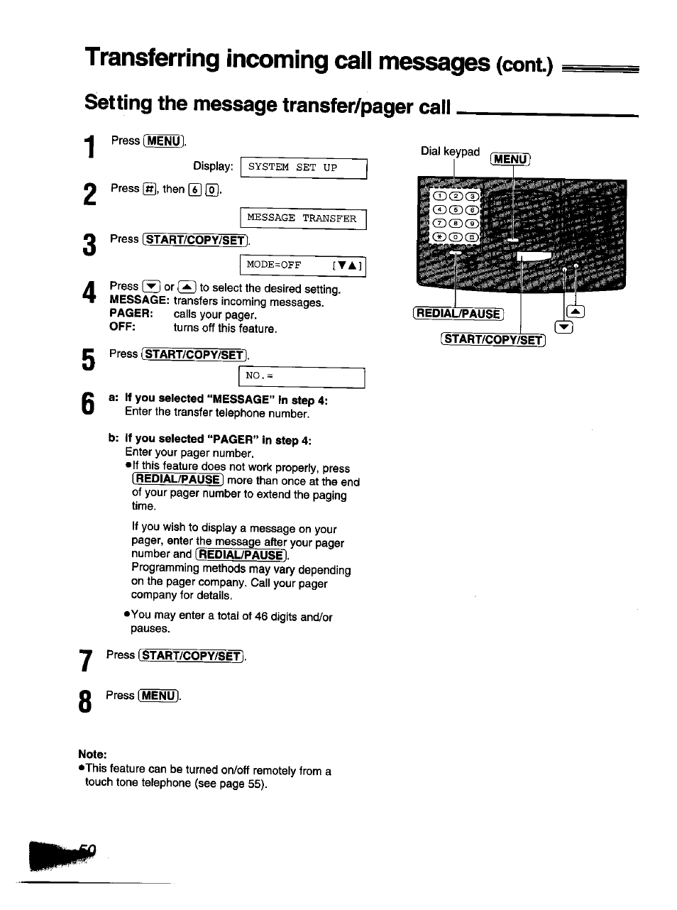 Press [start/copy/set, Press (start/copy/set), Transferring incoming caii messages | Cont) setting the message transfer/pager call | Panasonic KX-F1110NZ User Manual | Page 48 / 110