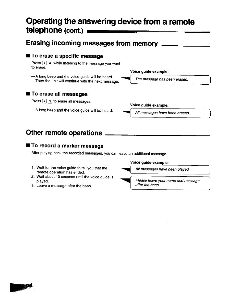 Erasing incoming messages from memory, To erase a specific message, Voice guide example | To erase all messages, Other remote operations, To record a marker message | Panasonic KX-F1110NZ User Manual | Page 52 / 110