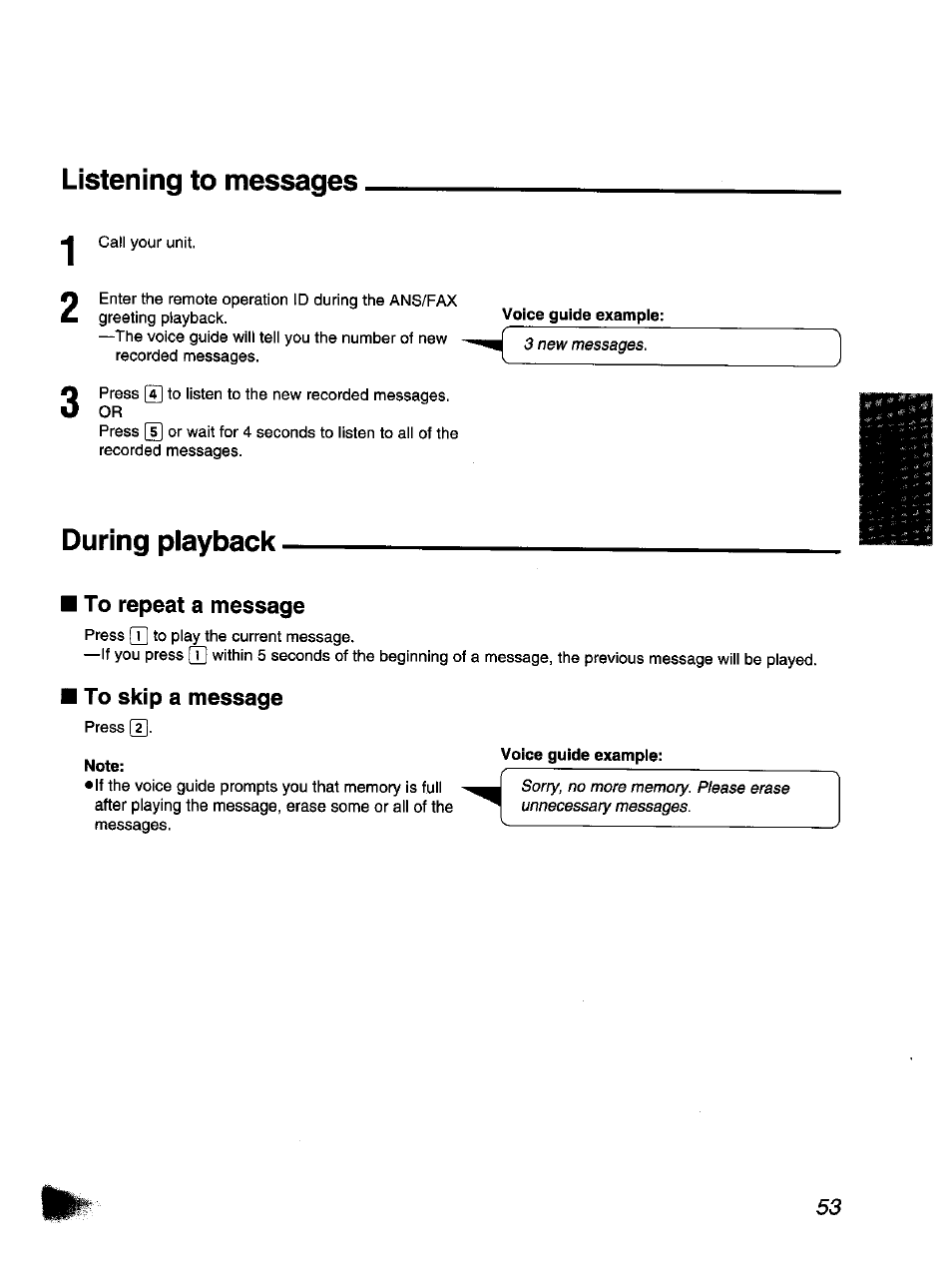 Listening to messages, During playback, Voice guide exampie | To repeat a message, To skip a message, Note | Panasonic KX-F1110NZ User Manual | Page 53 / 110
