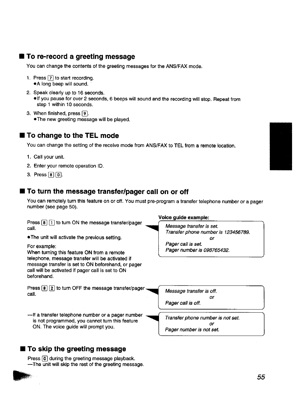 To re-record a greeting message, To change to the tel mode, To skip the greeting message | Voice guide example | Panasonic KX-F1110NZ User Manual | Page 55 / 110