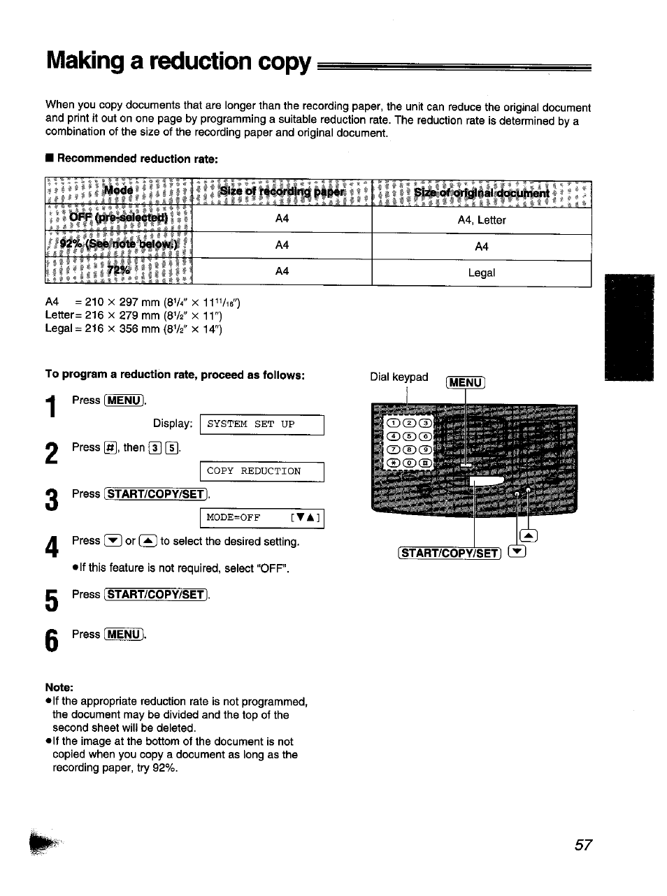 Recommended reduction rate, Press [start/copy/setl, Note | Making a reduction copy | Panasonic KX-F1110NZ User Manual | Page 57 / 110