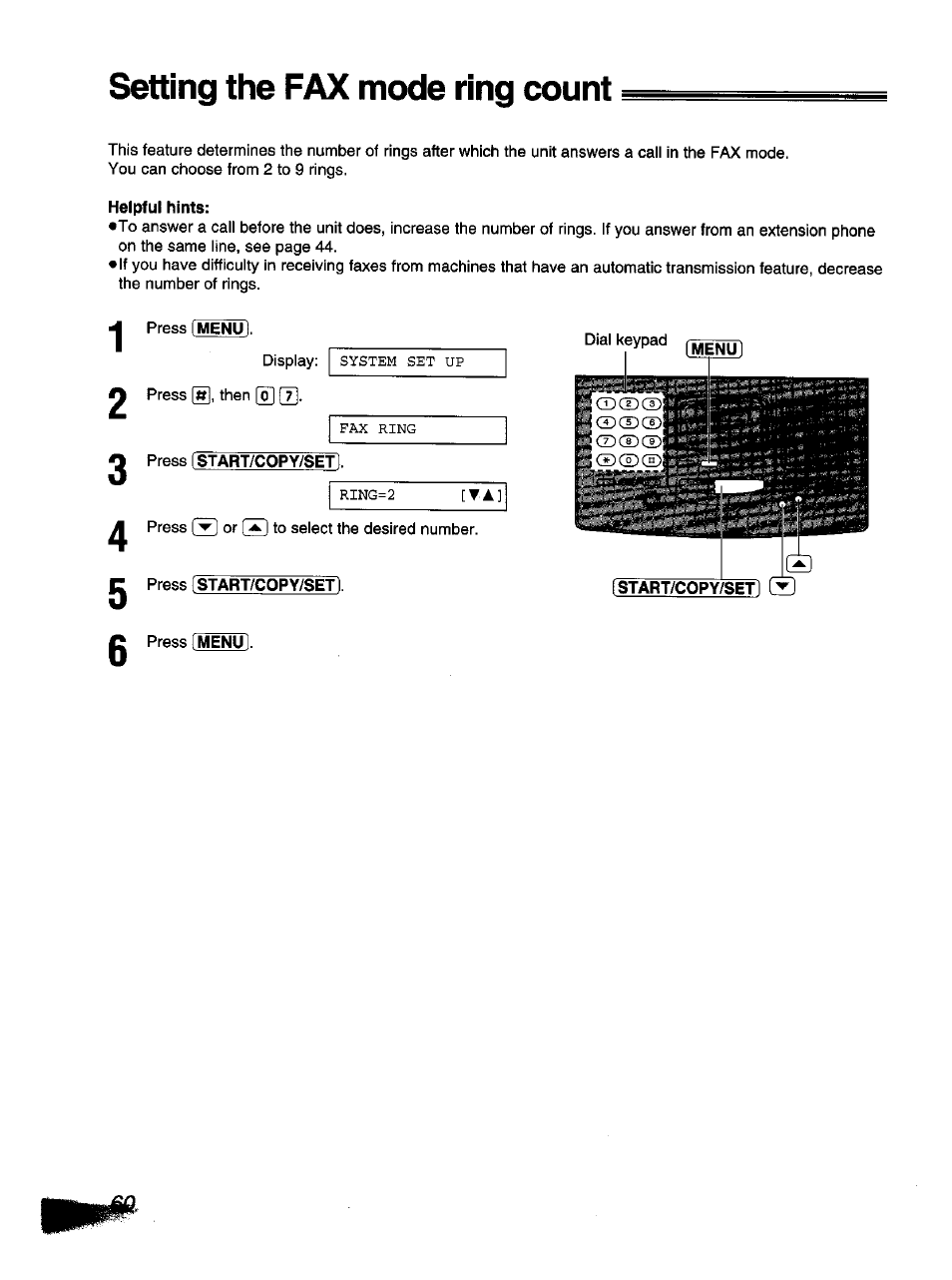 Heipfui hints, Setting the fax mode ring count | Panasonic KX-F1110NZ User Manual | Page 58 / 110