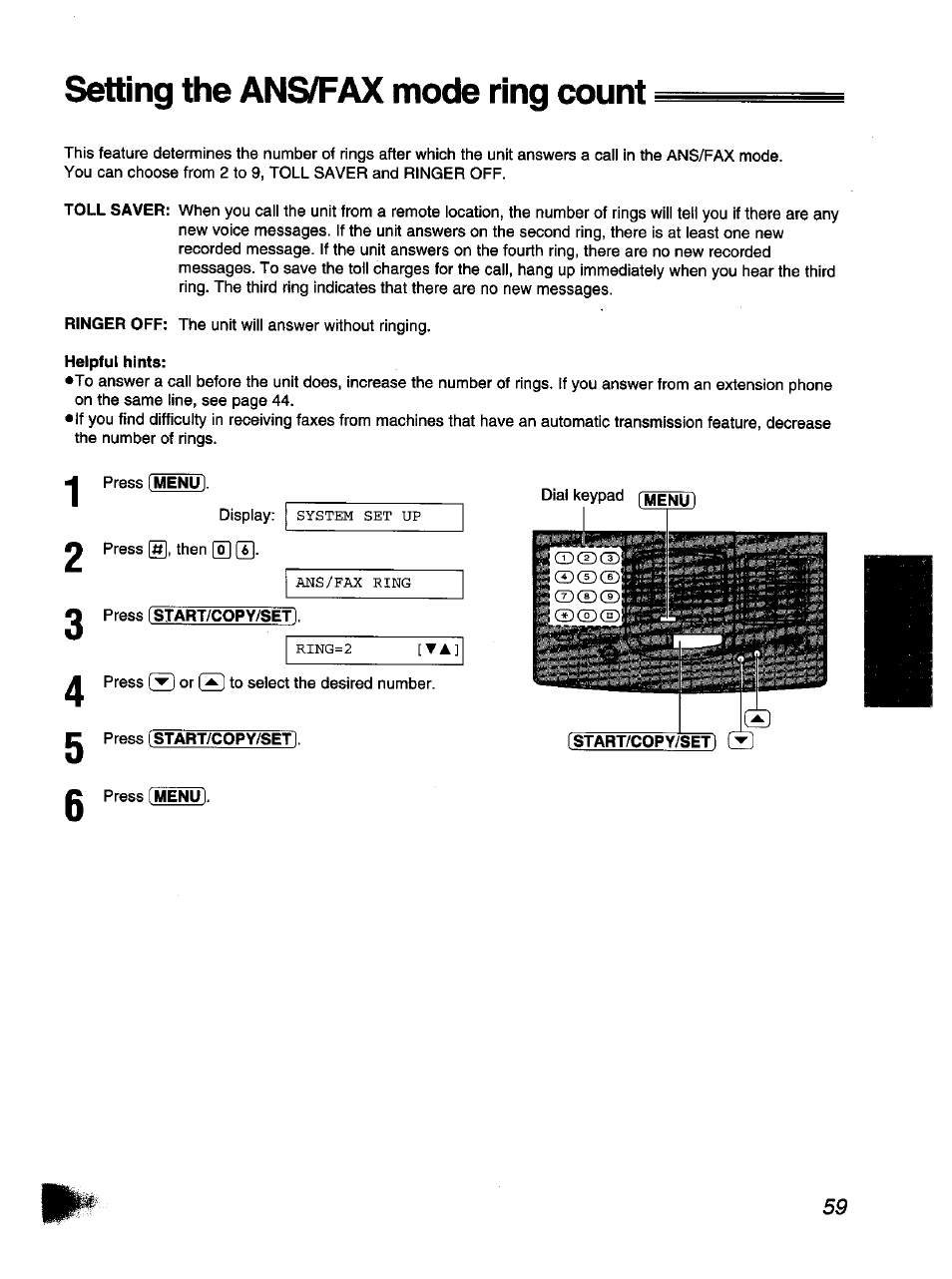 Setting the ans/fax mode ring count | Panasonic KX-F1110NZ User Manual | Page 59 / 110