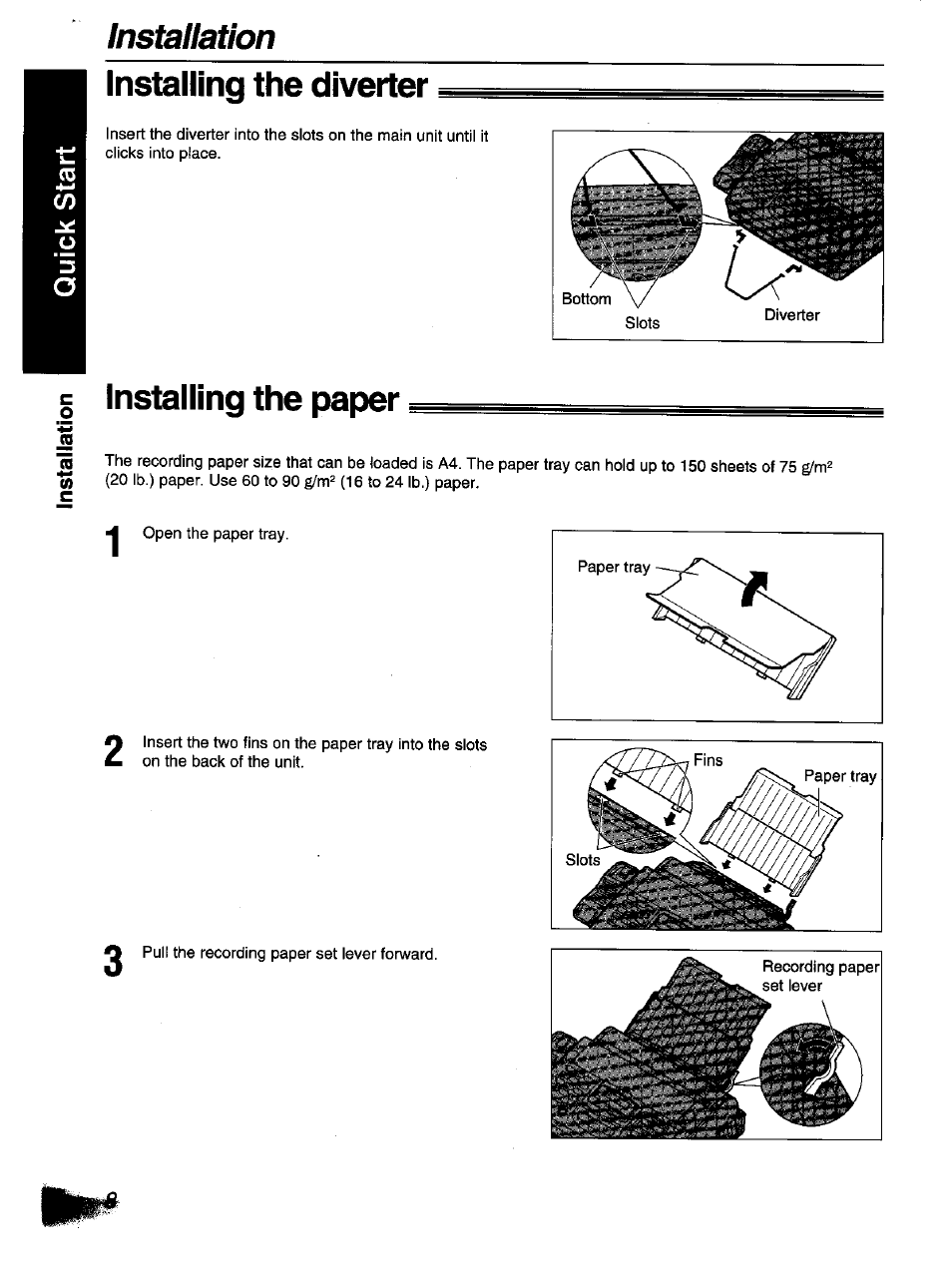 Installation installing the diverter, Installing the paper | Panasonic KX-F1110NZ User Manual | Page 6 / 110