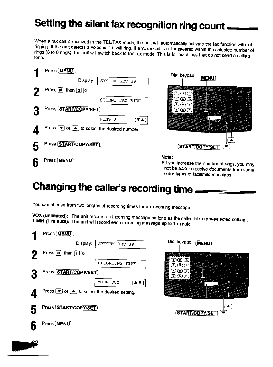 Note, Setting the silent fax recognition ring count, Changing the caller’s recording time | Panasonic KX-F1110NZ User Manual | Page 60 / 110