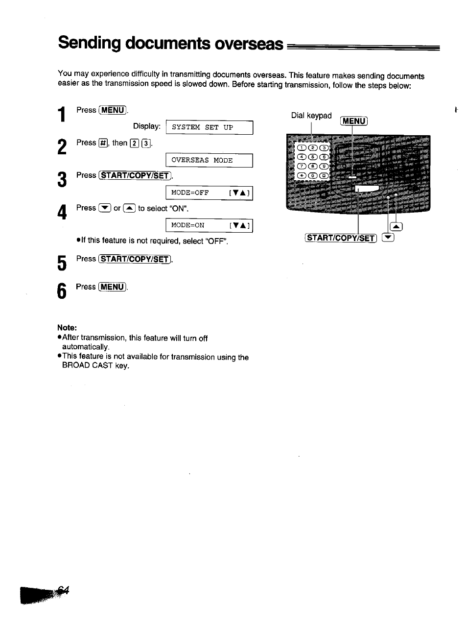 Note, Sending documents overseas | Panasonic KX-F1110NZ User Manual | Page 62 / 110