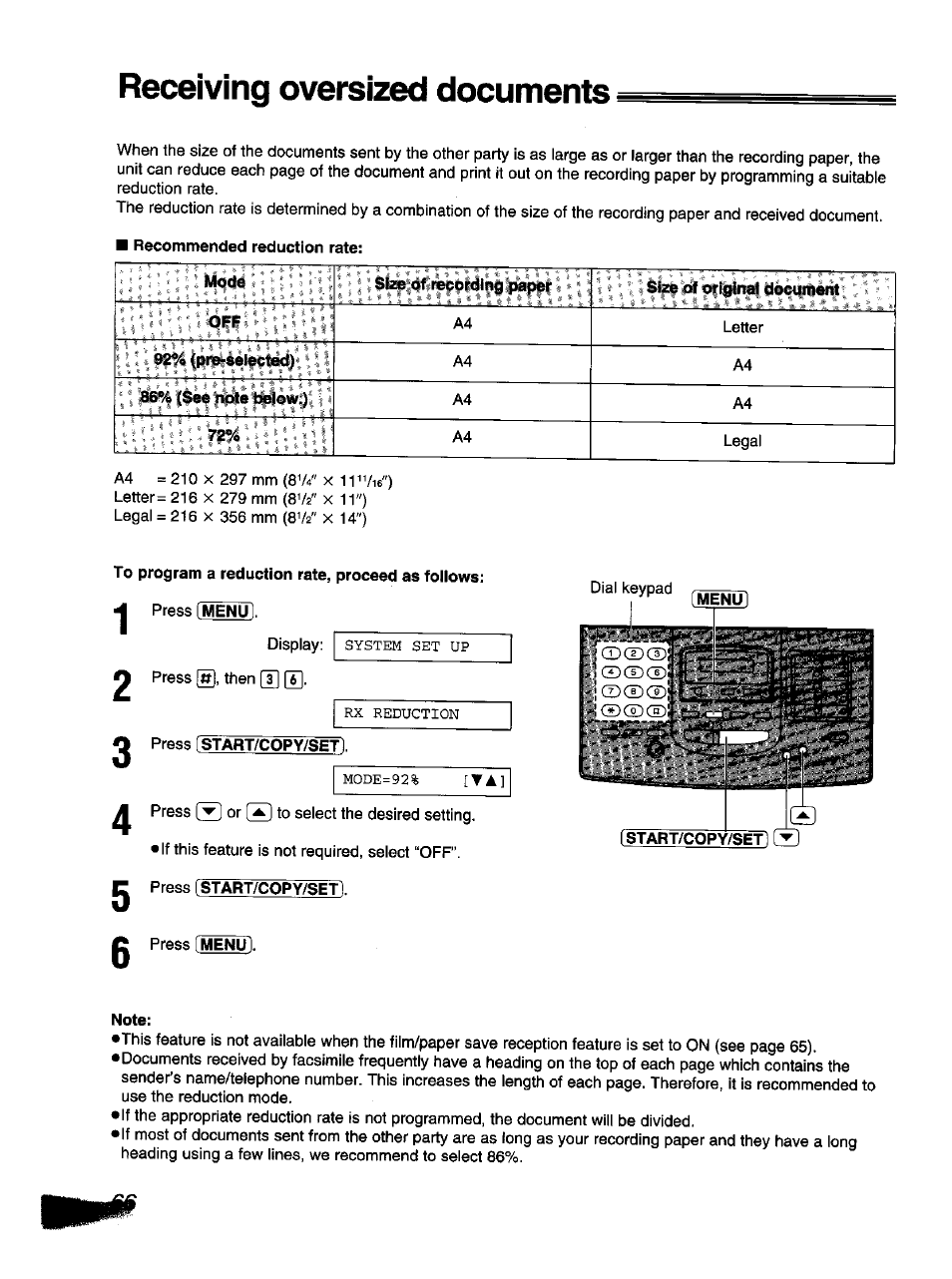 To program a reduction rate, proceed as follows, Press [start/copy/set, Press (start/copy/seti | I start/copy/set), Note, Receiving oversized documents | Panasonic KX-F1110NZ User Manual | Page 64 / 110