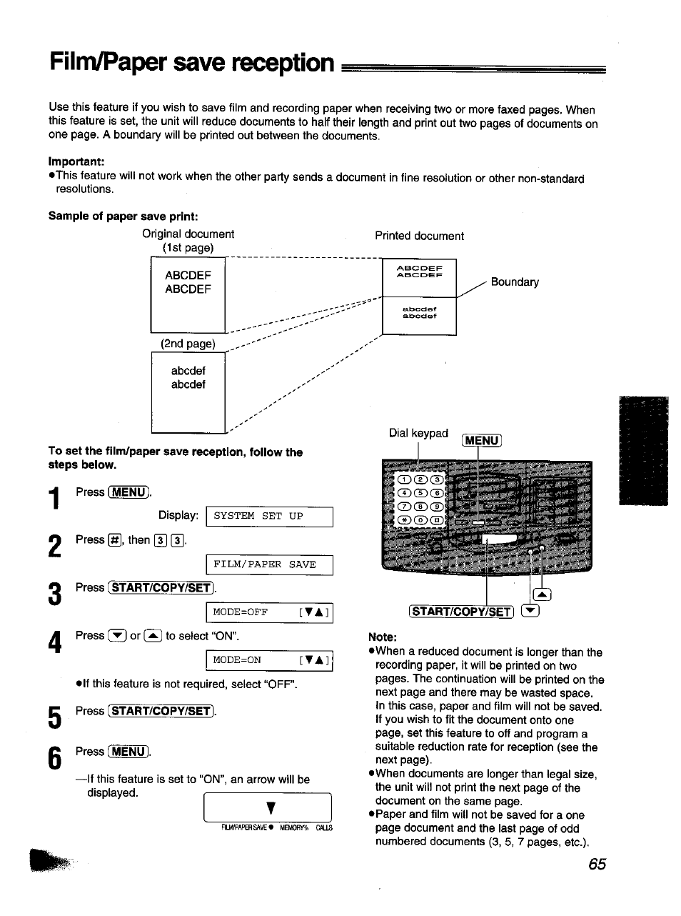 Important, Sample of paper save print, Press start/copy/set | Note, Film/paper save reception | Panasonic KX-F1110NZ User Manual | Page 65 / 110