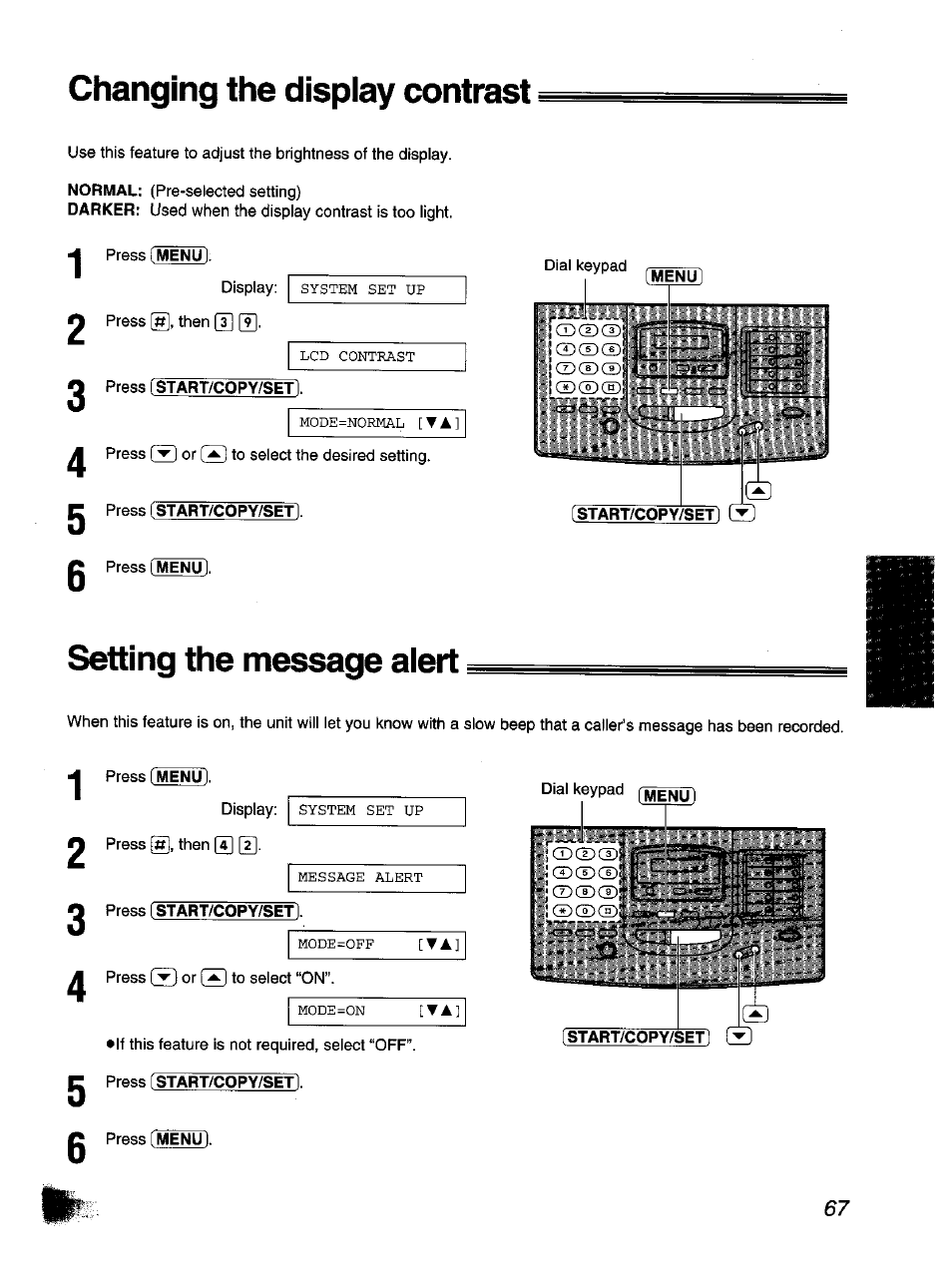 Changing the display contrast, Setting the message alert | Panasonic KX-F1110NZ User Manual | Page 67 / 110