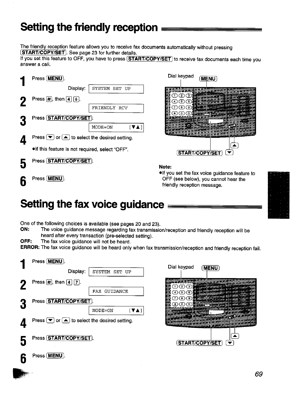 Setting the friendly reception, Setting the fax voice guidance | Panasonic KX-F1110NZ User Manual | Page 69 / 110