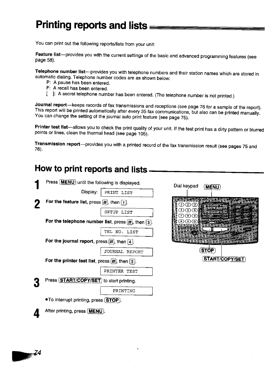 How to print reports and lists, Printing reports and lists, Printing reports and iists | How to print reports and lists 1 2 | Panasonic KX-F1110NZ User Manual | Page 72 / 110