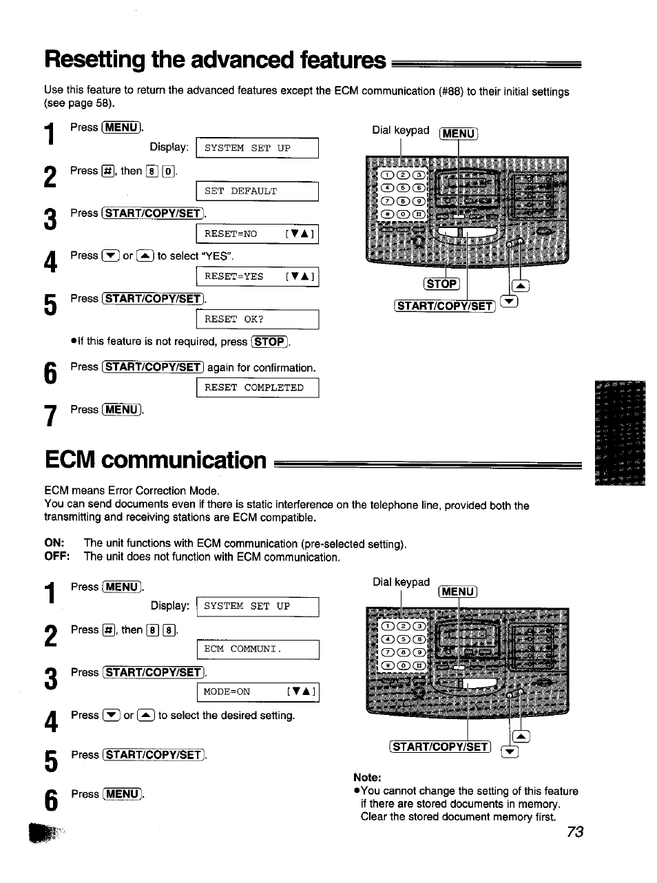 Start/copy/set), Resetting the advanced features, Ecm communication | Panasonic KX-F1110NZ User Manual | Page 73 / 110