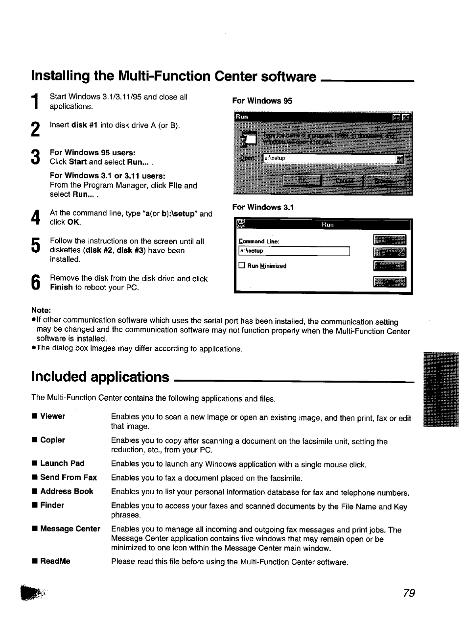 Installing the multi-function center software, For windows 95 users, For windows 3.1 or 3.11 users | Note, Included applications, Installing the multi-function center software 1 | Panasonic KX-F1110NZ User Manual | Page 79 / 110