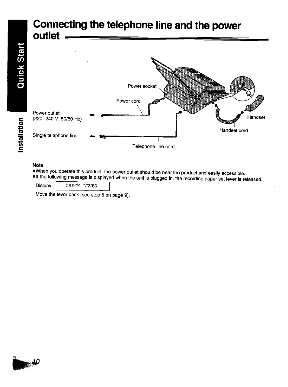 Note, Connecting the telephone line and the power outlet | Panasonic KX-F1110NZ User Manual | Page 8 / 110