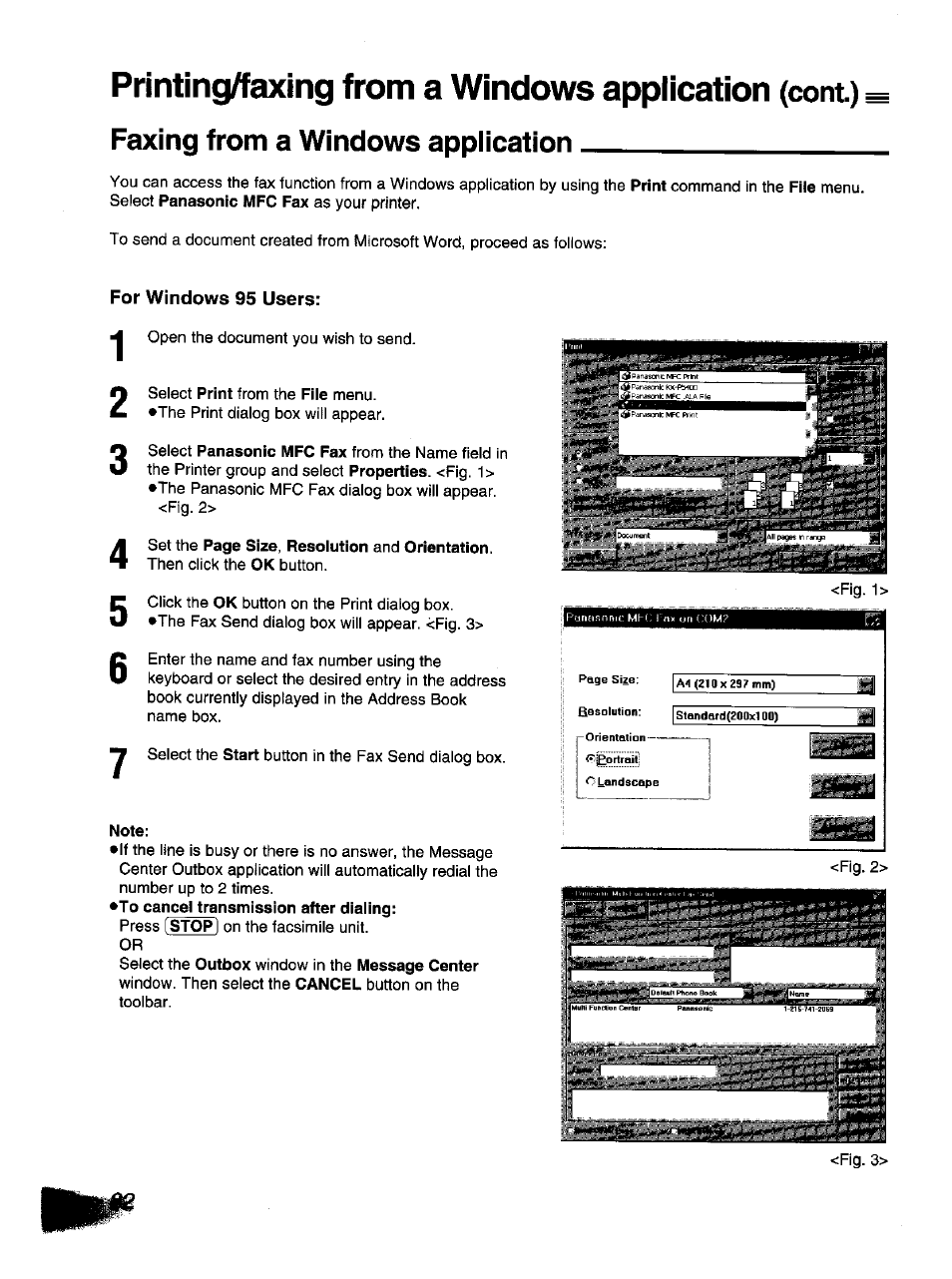 For windows 95 users, Note, Printing/faxing from a windows application | Cont) faxing from a windows appiication | Panasonic KX-F1110NZ User Manual | Page 80 / 110