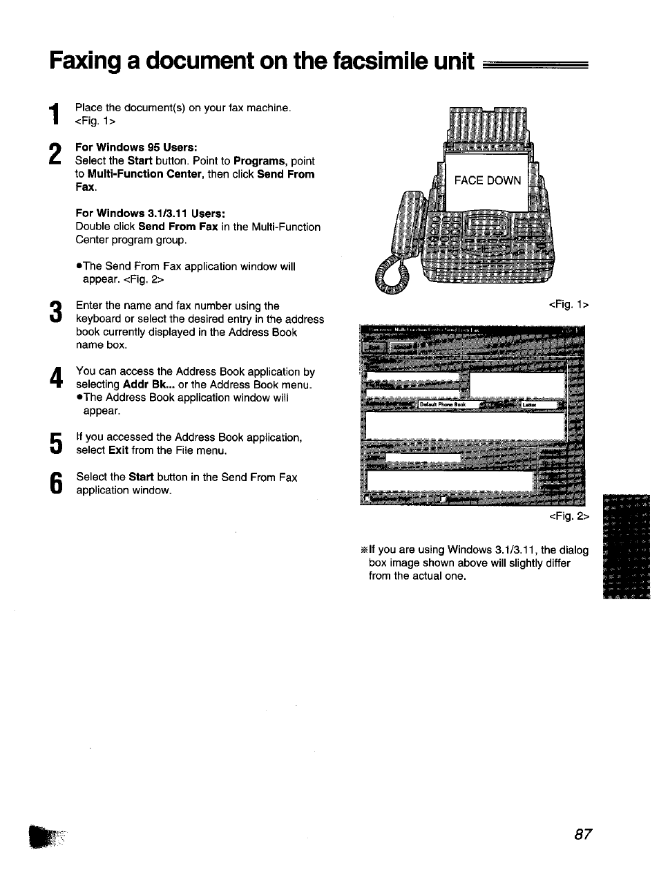 For windows 95 users, For windows 3.1/3.11 users, Faxing a document on the facsimile unit | Panasonic KX-F1110NZ User Manual | Page 85 / 110