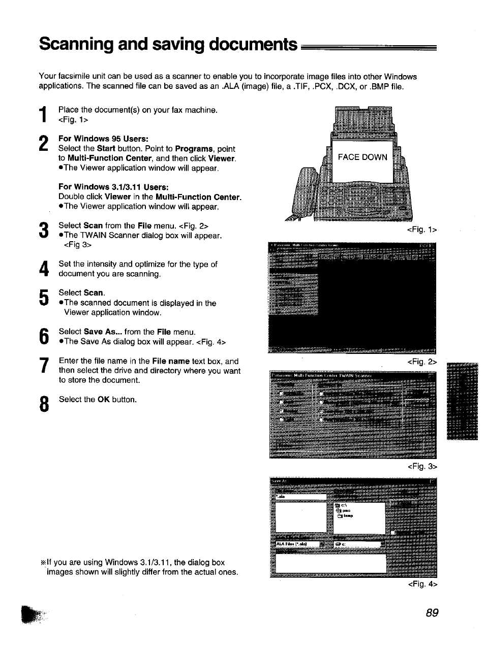 For windows 95 users, For windows 3.1/3.11 users, Scanning and saving documents | Panasonic KX-F1110NZ User Manual | Page 87 / 110