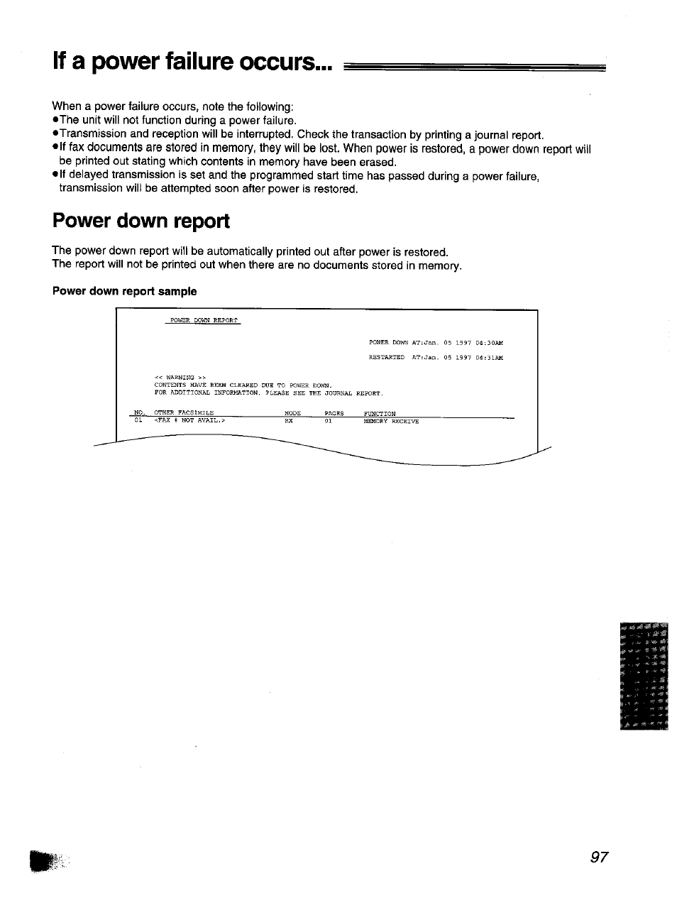 Power down report, Power down report sample, If a power failure occurs | Panasonic KX-F1110NZ User Manual | Page 95 / 110