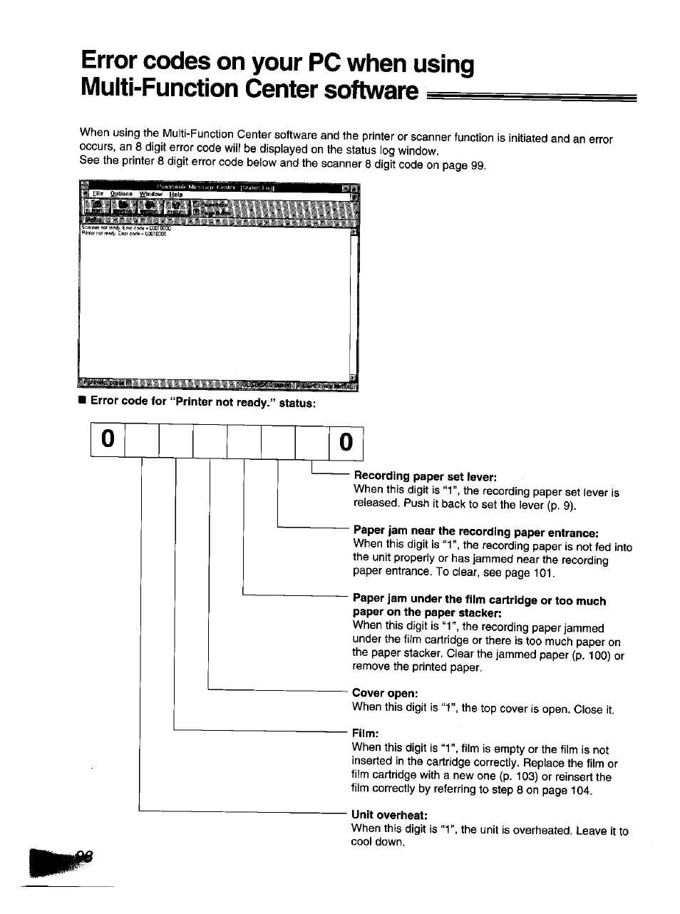 Recording paper set lever, Paper jam near the recording paper entrance, Cover open | Unit overheat | Panasonic KX-F1110NZ User Manual | Page 96 / 110