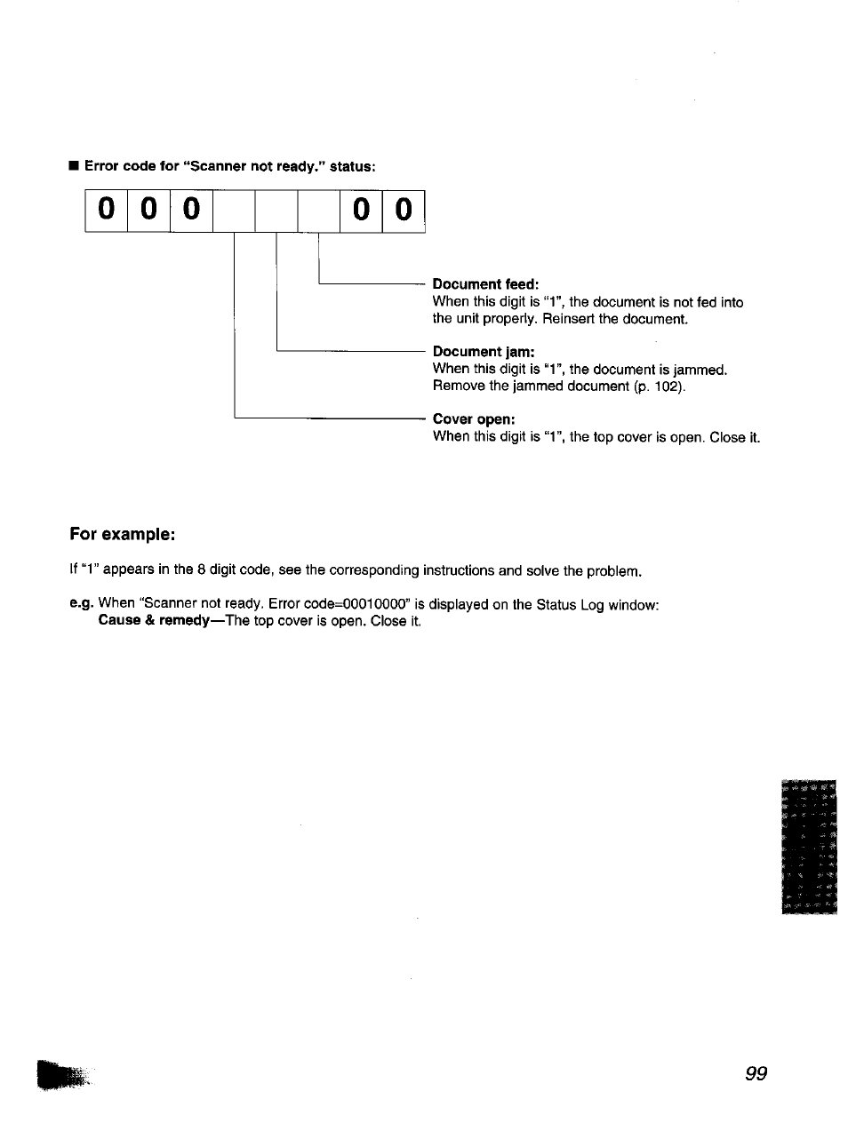 Document feed, Document jam, Cover open | For example | Panasonic KX-F1110NZ User Manual | Page 97 / 110