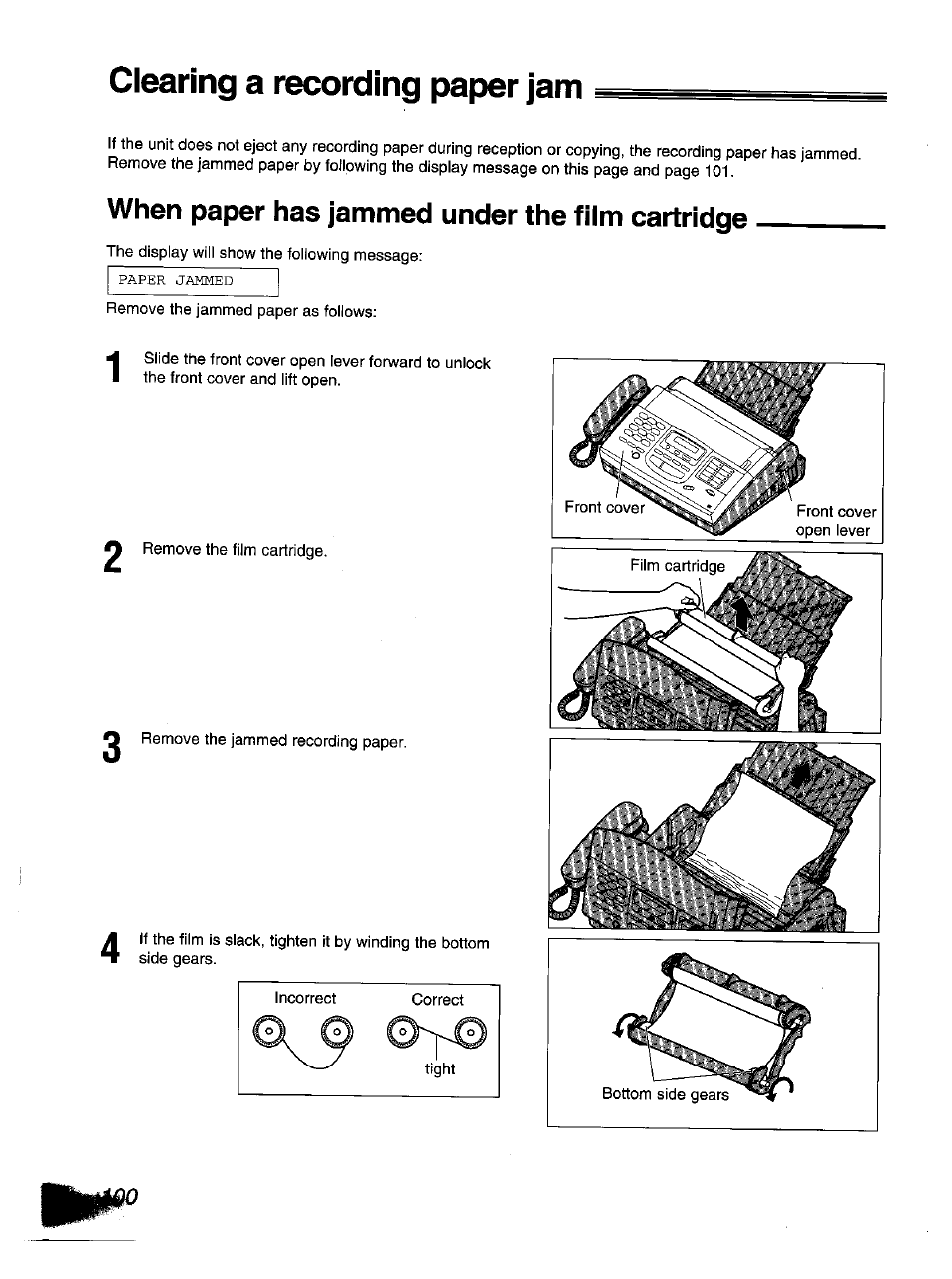 When paper has jammed under the film cartridge, Clearing a recording paper jam | Panasonic KX-F1110NZ User Manual | Page 98 / 110