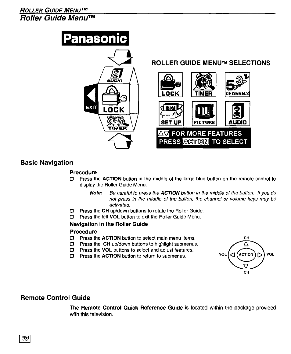 Roller guide menu, Roller guide menu^» selections, Basic navigation | Remote control guide, Roller guide menu™ chart, Panasonic | Panasonic PT 51DX80 User Manual | Page 12 / 52