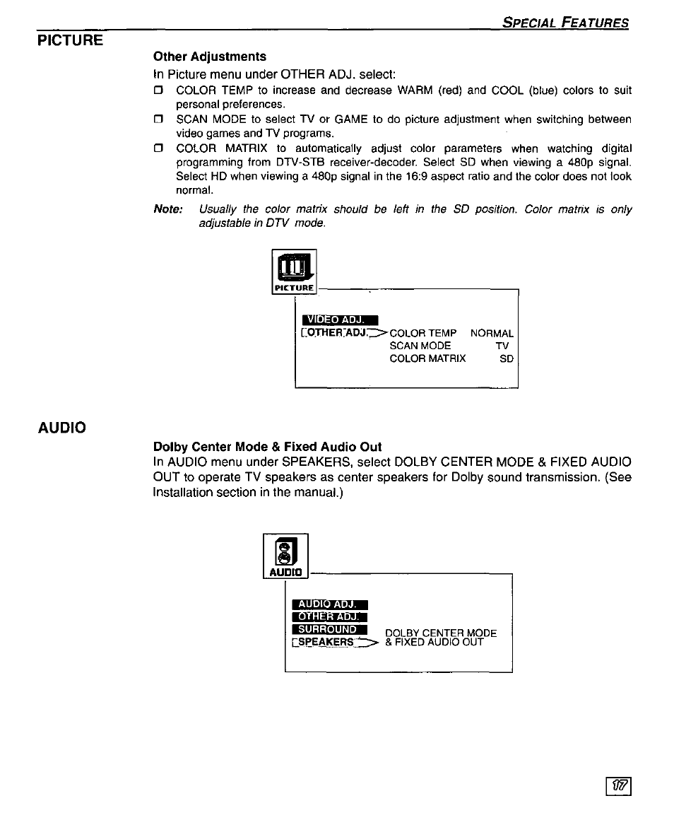 Picture, Other adjustments, Audio | Dolby center mode & fixed audio out | Panasonic PT 51DX80 User Manual | Page 19 / 52