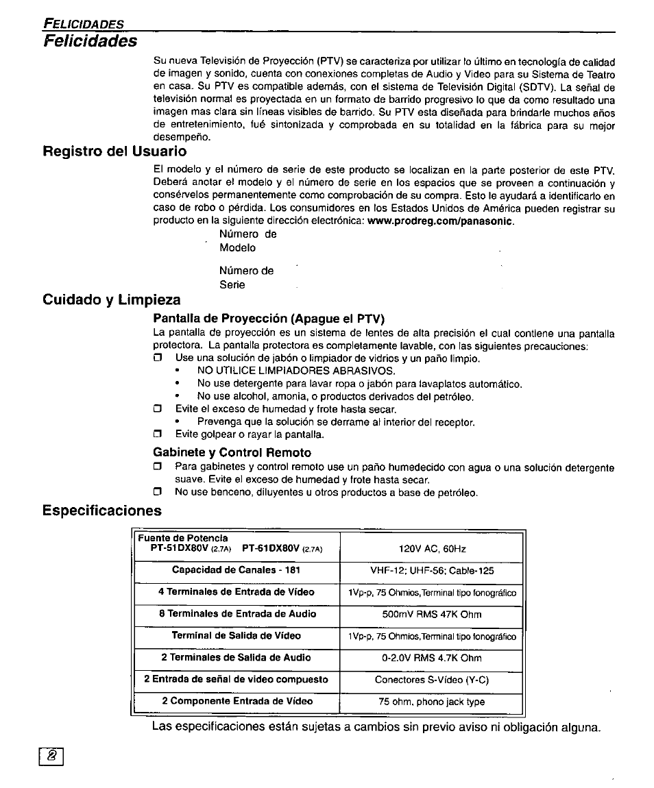 Felicidades, Registro del usuario, Cuidado y limpieza | Especificaciones | Panasonic PT 51DX80 User Manual | Page 30 / 52