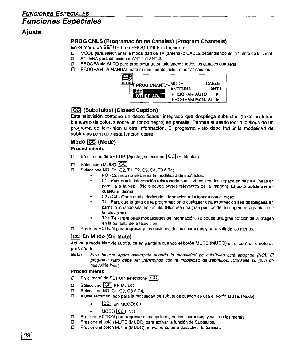 Funciones especiales, Ajuste, Funciones especíales | Panasonic PT 51DX80 User Manual | Page 42 / 52