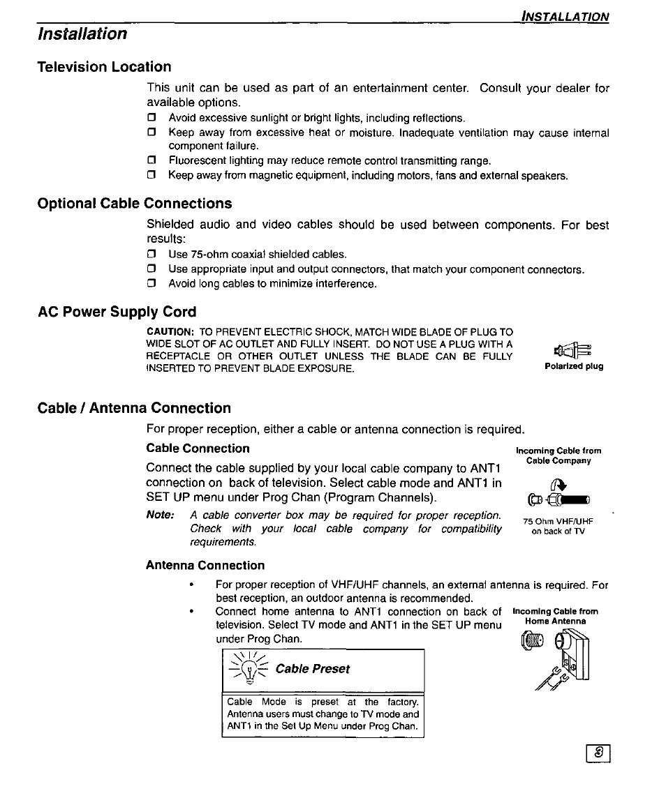 Installation, Television location, Optional cable connections | Ac power supply cord, Cable / antenna connection | Panasonic PT 51DX80 User Manual | Page 5 / 52