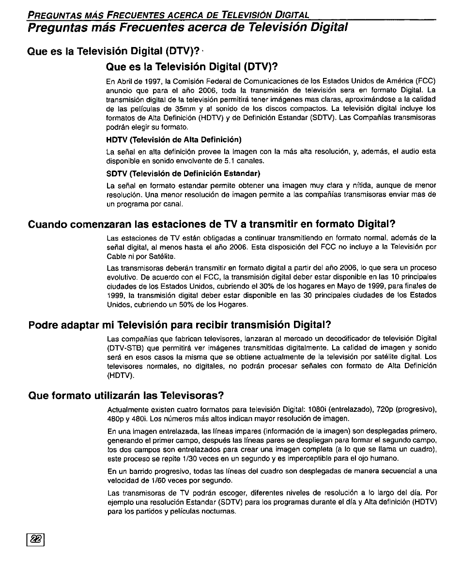 Que es la televisión digital (dtv), Que formato utilizarán las televisoras | Panasonic PT 51DX80 User Manual | Page 50 / 52