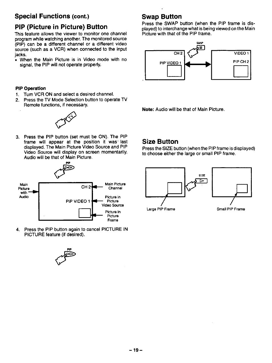 Special functions, Pip (picture in picture) button, Swap button | Size button | Panasonic CT-27SF34 User Manual | Page 19 / 40