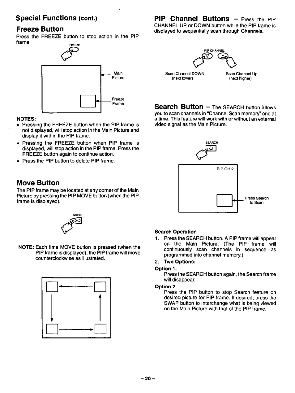 Special functions, Freeze button, Pip channel buttons | Move button, Sodrch button | Panasonic CT-27SF34 User Manual | Page 20 / 40