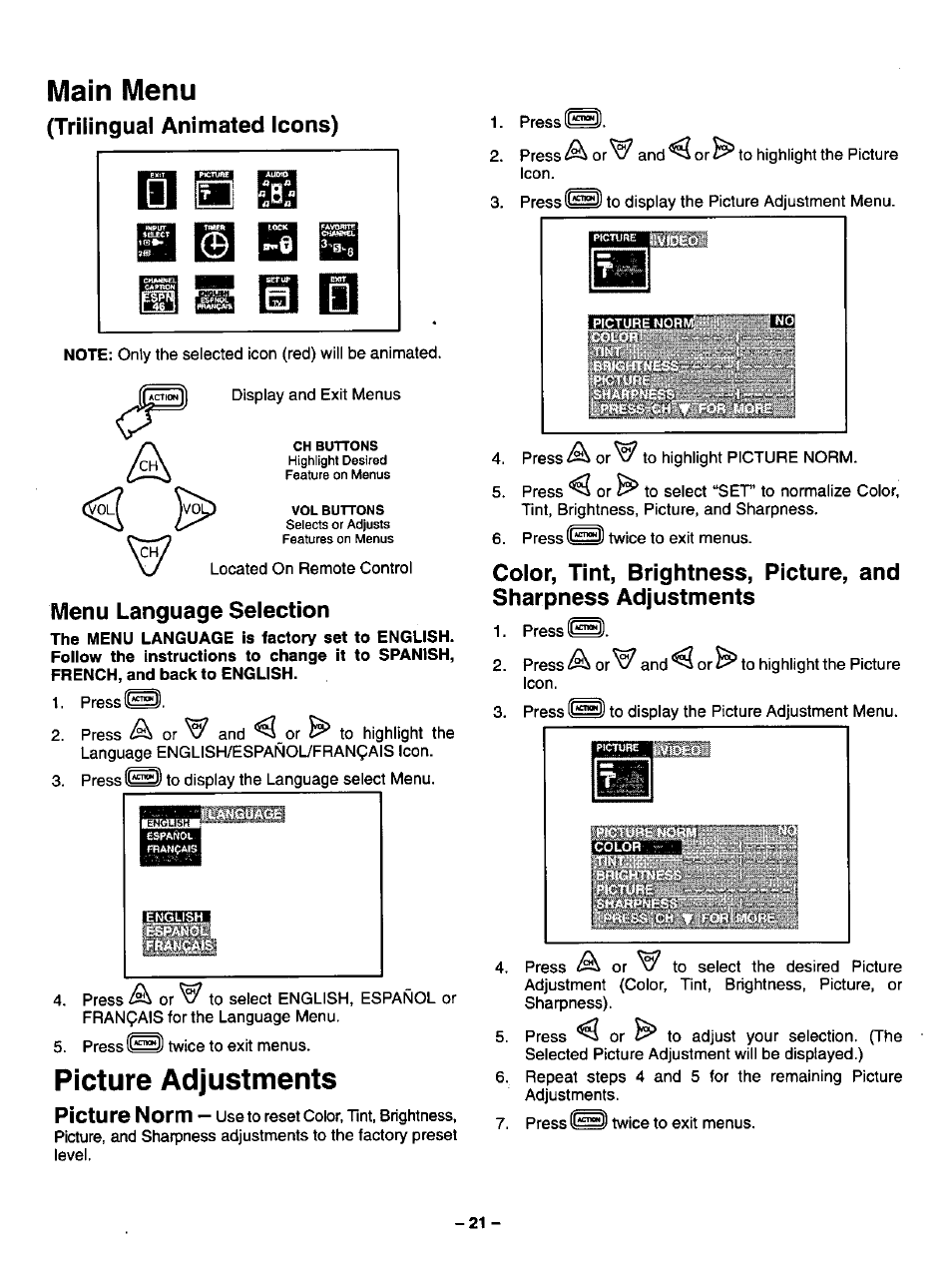 Main menu, Picture adjustments | Panasonic CT-27SF34 User Manual | Page 21 / 40