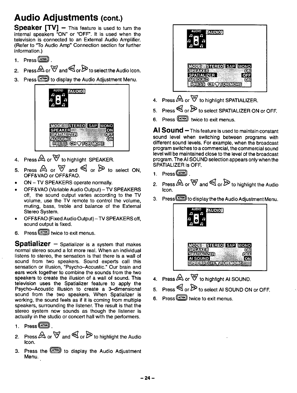 Wand, Audio adjustments, Mmm ¿¿a | Cont.) | Panasonic CT-27SF34 User Manual | Page 24 / 40