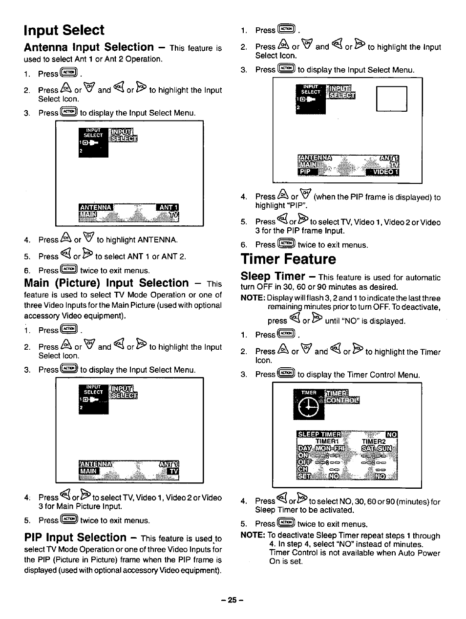 Input select, Timer feature, Antenna input selection | Main (picture) input seiection - this, Pip input selection, Sleep timer | Panasonic CT-27SF34 User Manual | Page 25 / 40