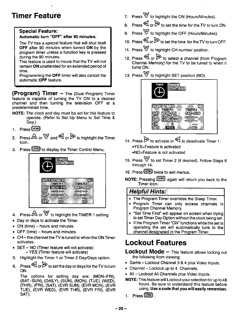 Timer feature, Lockout features, Helpful hintsj | Panasonic CT-27SF34 User Manual | Page 26 / 40