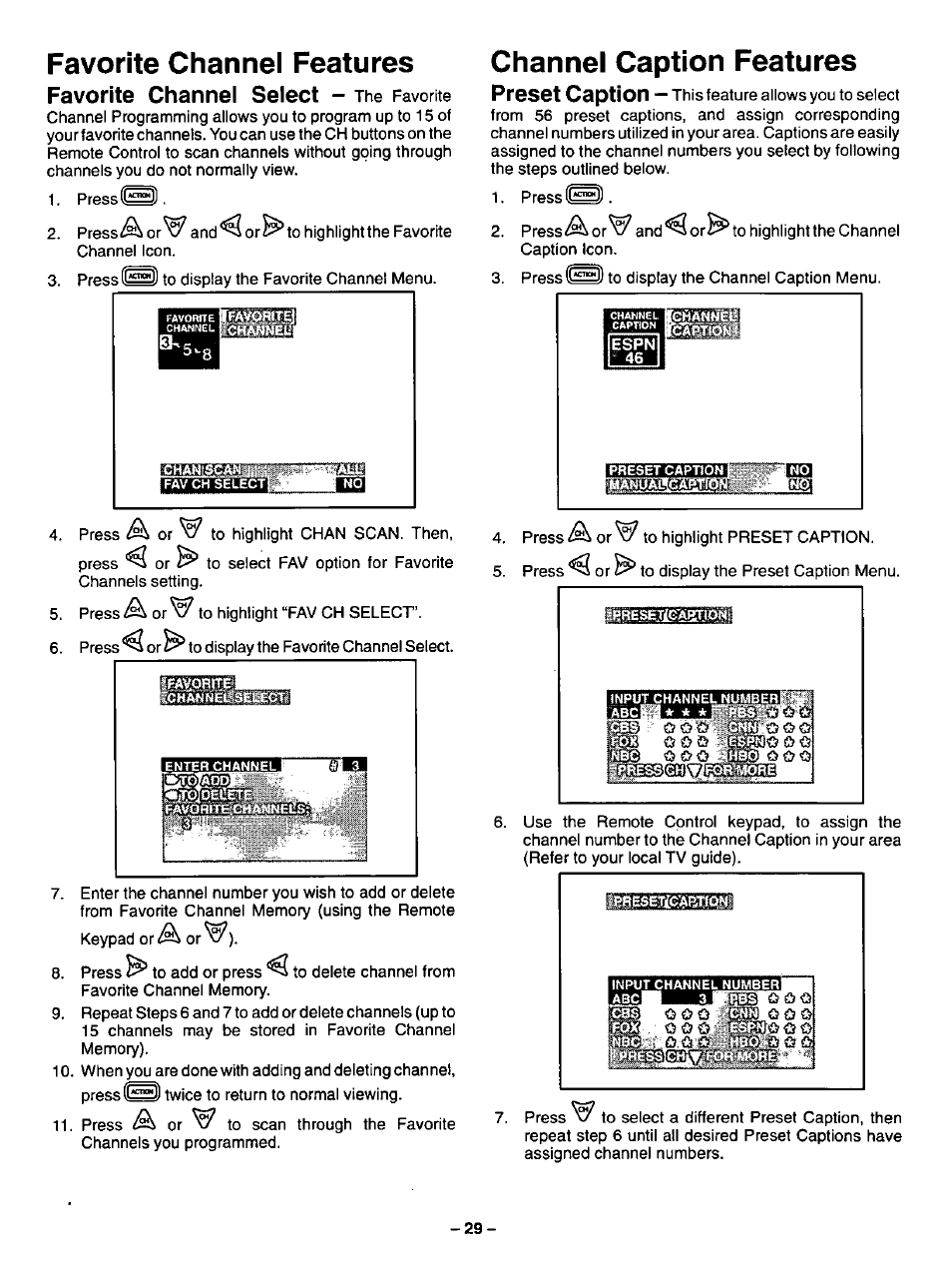 Favorite channel features, Channel caption features | Panasonic CT-27SF34 User Manual | Page 29 / 40