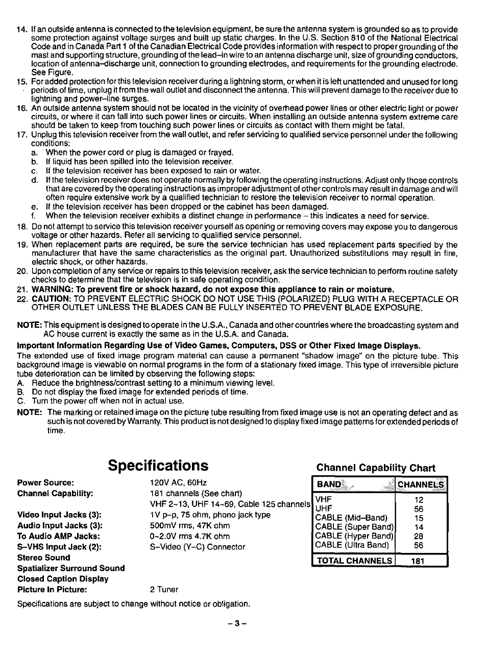 Channel capability chart, Specifications | Panasonic CT-27SF34 User Manual | Page 3 / 40