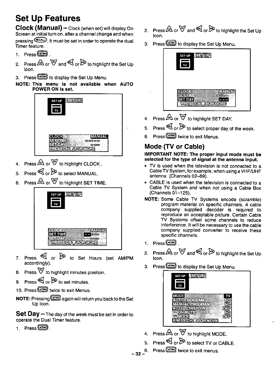 Set up features, Clock (mdnual), Set day | Mode (tv or cable) | Panasonic CT-27SF34 User Manual | Page 32 / 40