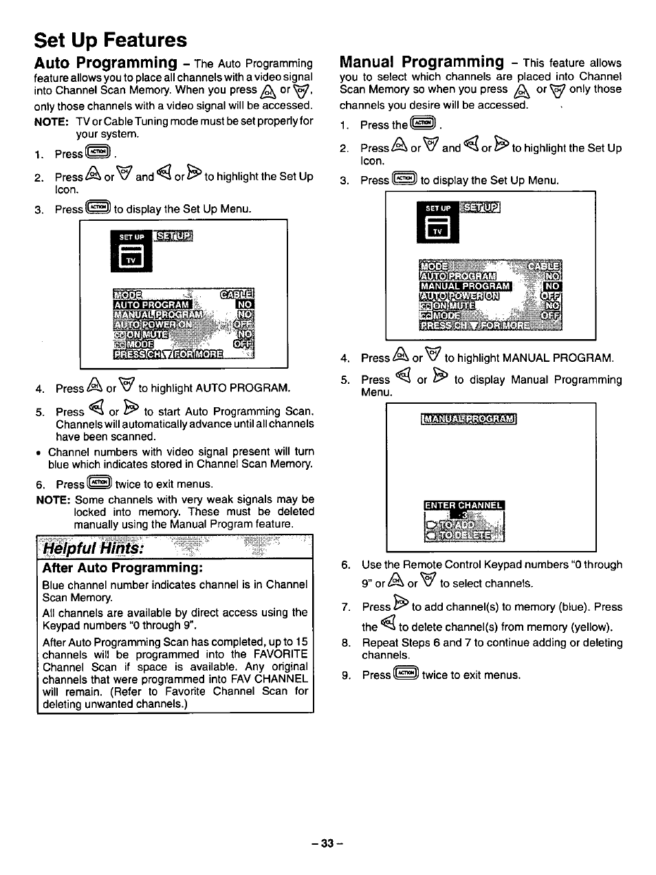 Set up features, Highlight, Ilelpful | Panasonic CT-27SF34 User Manual | Page 33 / 40