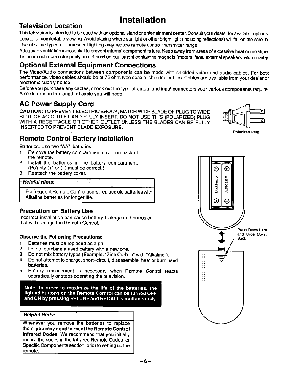 Precaution on battery use, Installation | Panasonic CT-27SF34 User Manual | Page 6 / 40