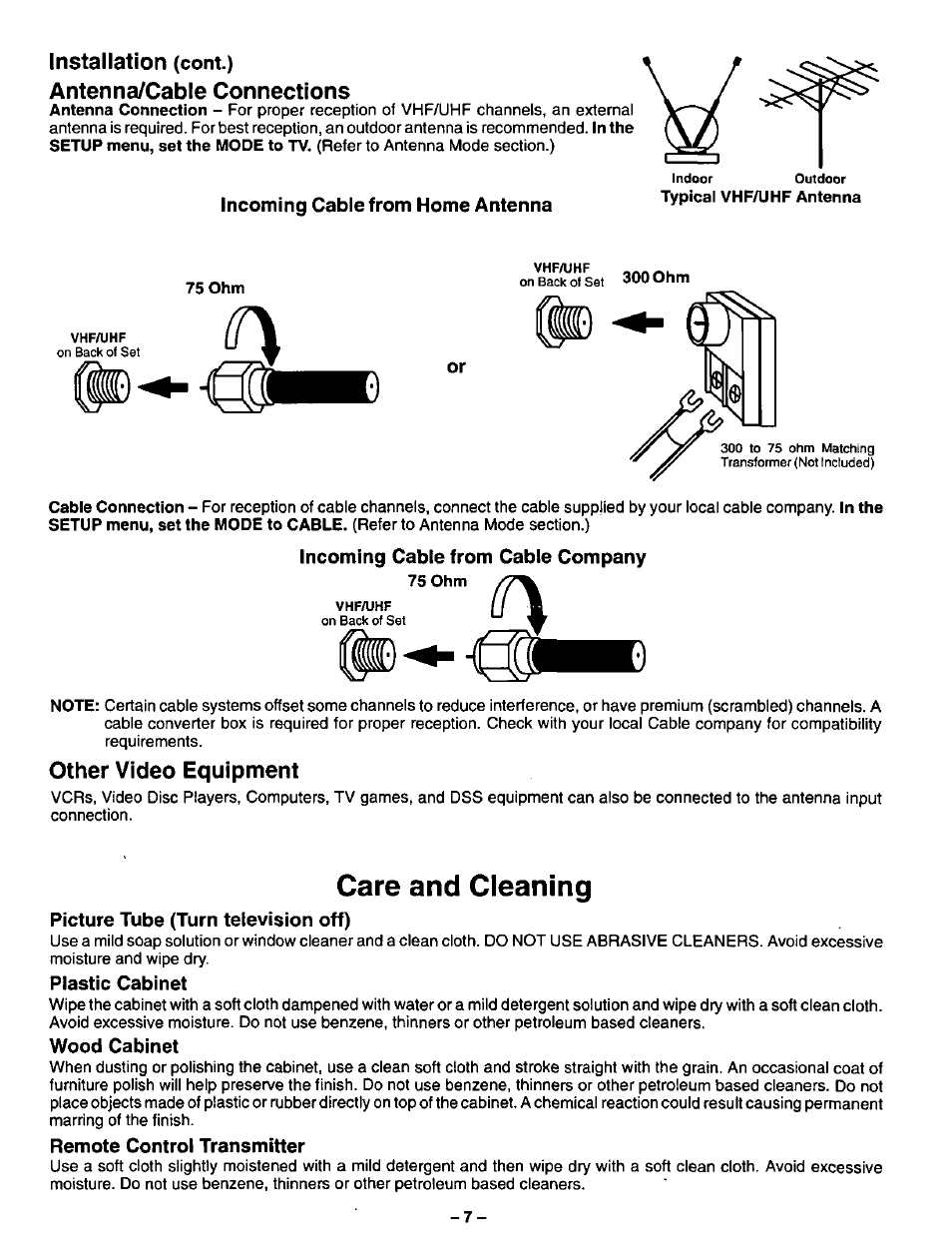 Incoming cable from home antenna, Incoming cable from cable company, Picture tube (turn television off) | Plastic cabinet, Wood cabinet, Remote control transmitter, Care and cleaning | Panasonic CT-27SF34 User Manual | Page 7 / 40