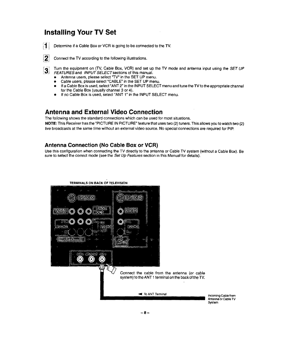 Installing your tv set, Antenna and external video connection | Panasonic CT-27SF34 User Manual | Page 8 / 40